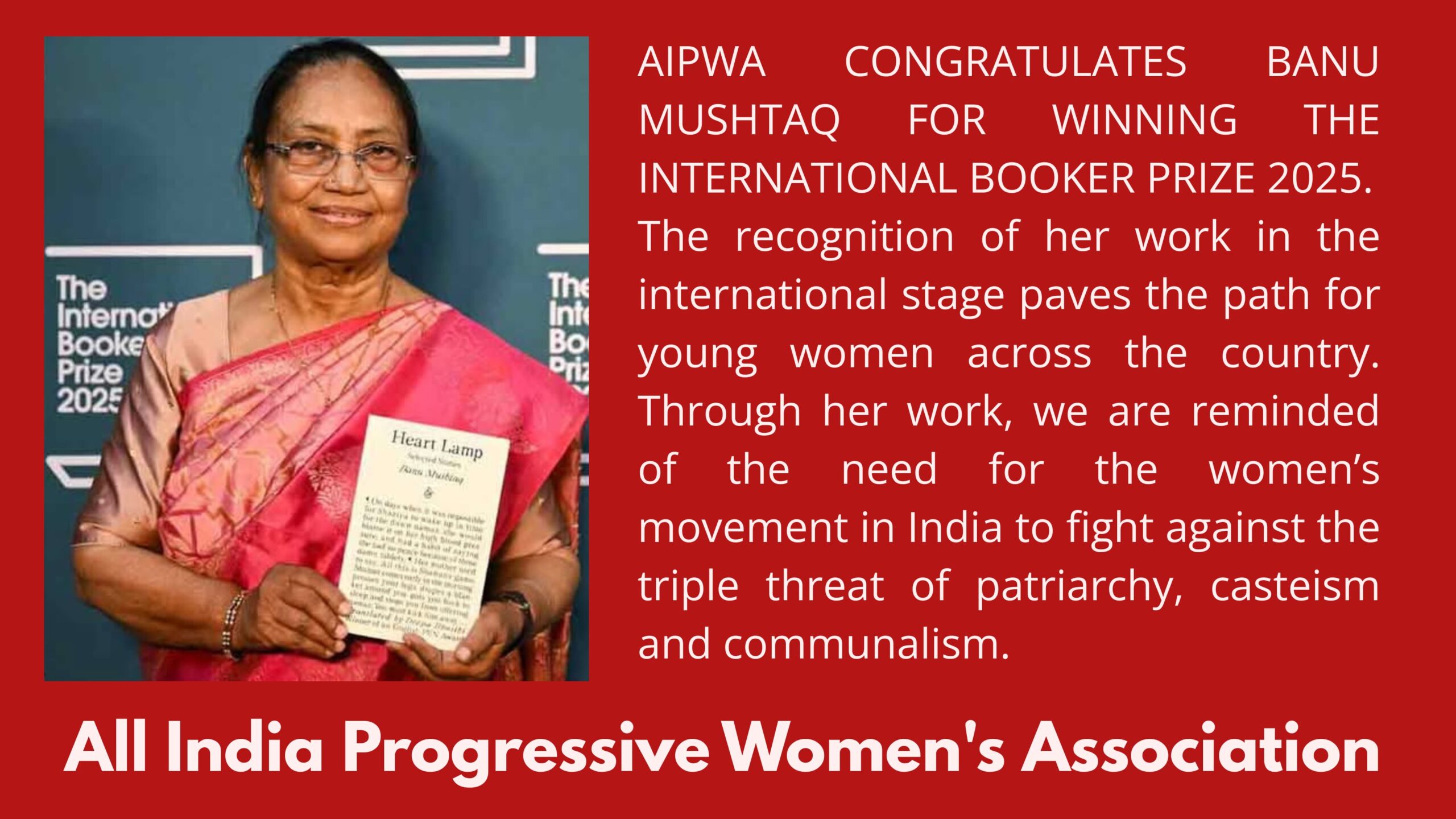 AIPWA CONGRATULATES BANU MUSHTAQ FOR WINNING THE INTERNATIONAL BOOKER PRIZE 2025